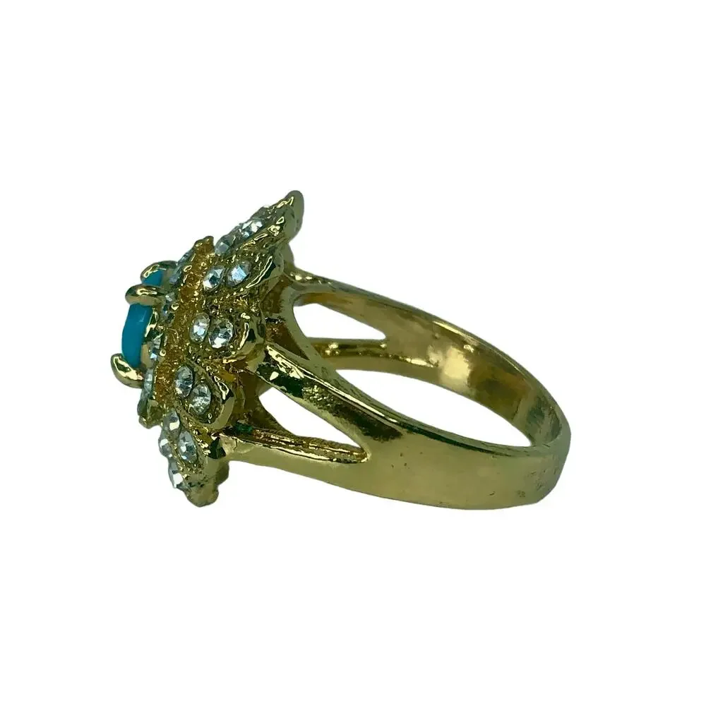Gold and Blue Rhinestone Statement Ring - Size 8